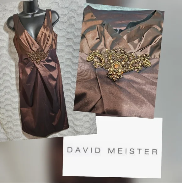 David Meister Brown Copper Bronze Cocktail Dress Beaded 6 - Picture 2 of 16